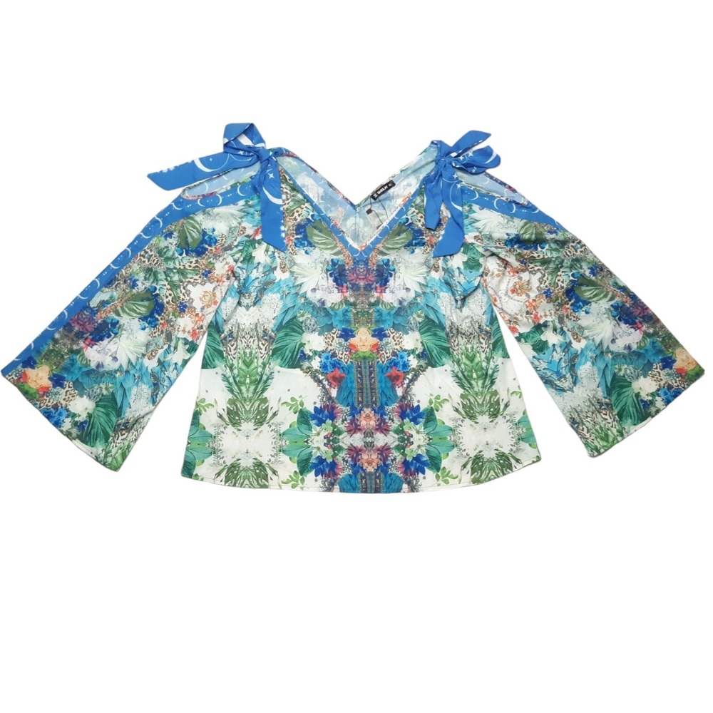 Sheilay Blouse Womens Small Blue‎ Floral Cold Shoulder Bell Sleeve Top New